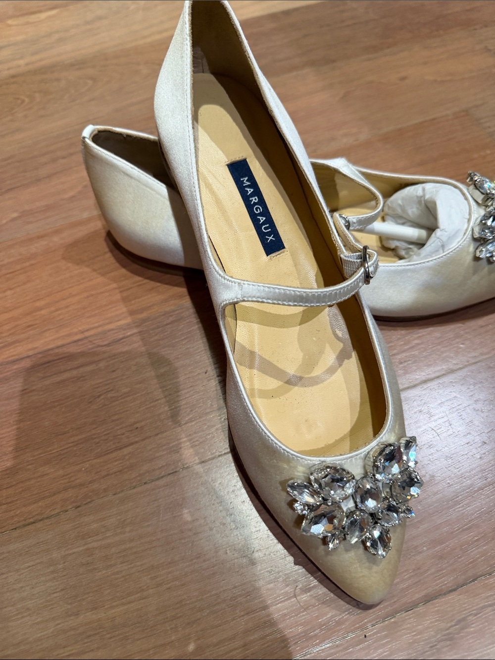 Margaux Wedding white satin flat with rhinestone embellishment. Never worn!